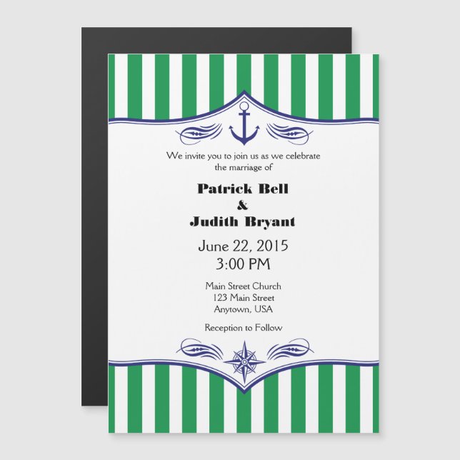 Green White Magnetic Nautical Wedding Invites (Front/Back)