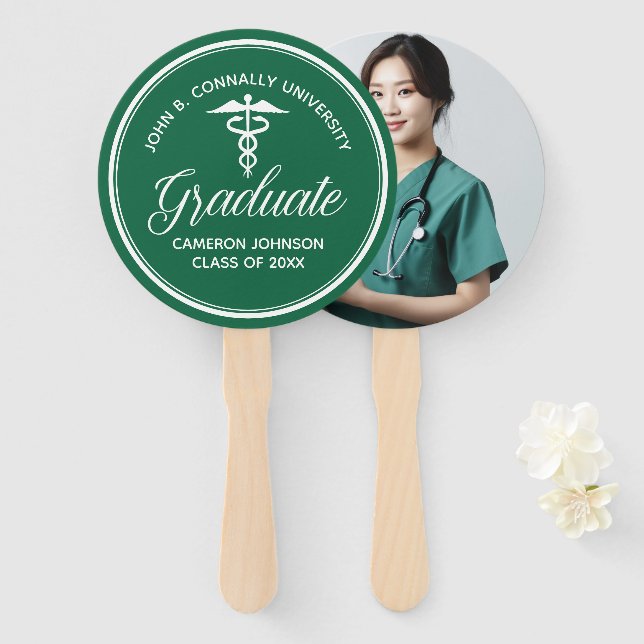 Green White Medical School Photo Graduation Party Hand Fan (Front and Back)