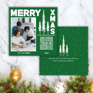 Green & White Merry Xmas QR Code Square Business Card