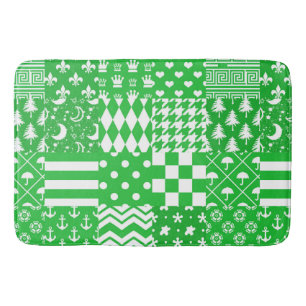 Green White Mixed Patterns Patchwork Design Bath Mat