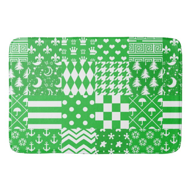 Green White Mixed Patterns Patchwork Design  Bath Mat (Front)