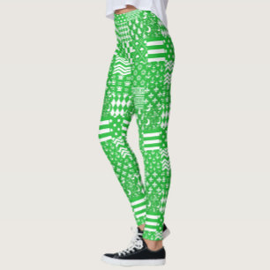 Green White Mixed Patterns Patchwork Design Leggings
