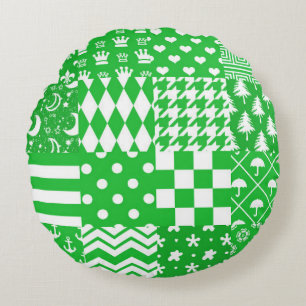 Green White Mixed Patterns Patchwork Design Round Cushion