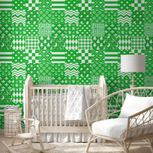 Green White Mixed Patterns Patchwork Design Wallpaper