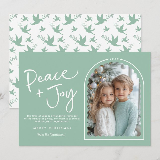 Green White Modern Arch Peace Joy Photo Christmas Holiday Card (Front/Back)