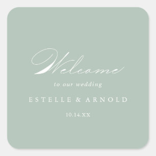 Green White Modern Calligraphy Wedding Welcome Square Sticker