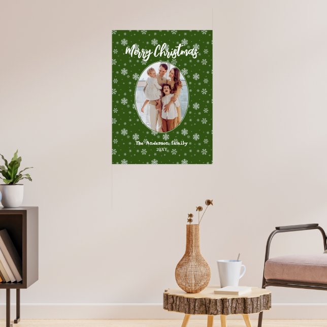 Green White Modern Family Photo Merry Christmas Poster (Living Room 3)