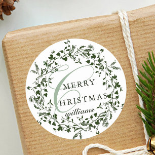 Green & White Modern Wildflower Wreath Christmas Classic Round Sticker