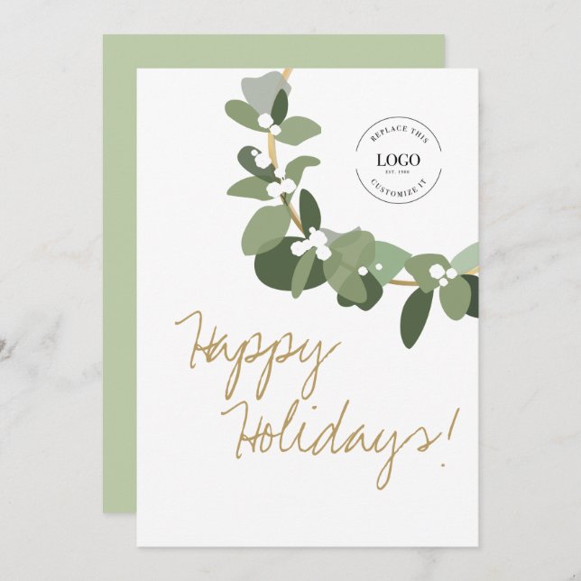 Green White Modern Wreath Business Logo Happy Holiday Card (Front/Back)