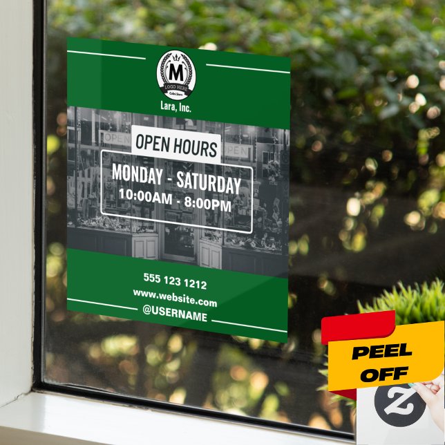 Green White Monochrome Simple Open Hours Store  (Minimalist Green & White Open Hours Window Clings & Frames)
