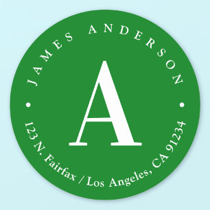 Green & White   Monogram Return Address Classic Round Sticker