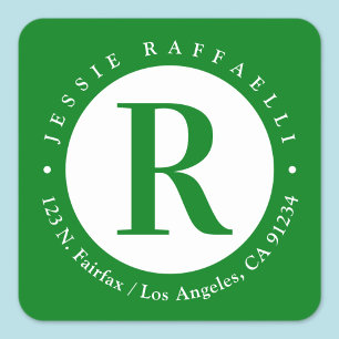 Green & White Monogram Return Address Square Sticker