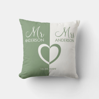 Green white Mr Mrs name heart wedding Throw Pillow