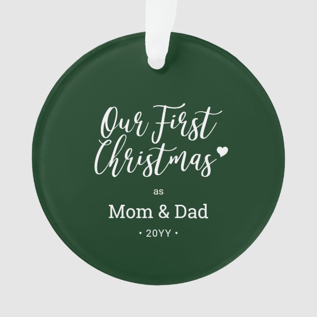 Green & White Mum Dad First Christmas Photo Ornament (Front)