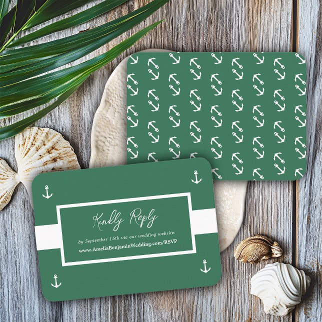 Green White Nautical Pattern Website Wedding RSVP Enclosure Card (Creator Uploaded)