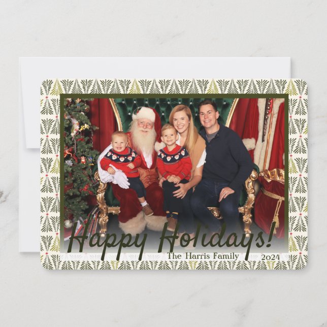 Green & White Nordic Trees Photo, Custom Holiday Card (Front)