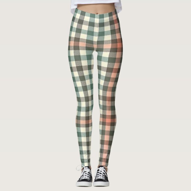 Green, White & Orange Plaid Leggings (Front)