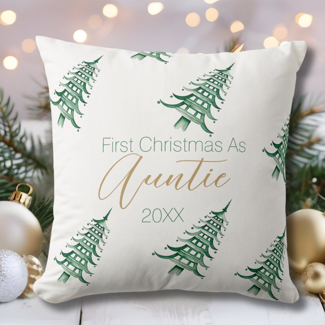 Green  White Pagoda Christmas Tree First Christmas Cushion (Green White Pagoda Christmas Tree First Christmas Throw Pillow)