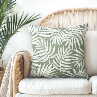 Green & White Palm Leaf Throw Pillow