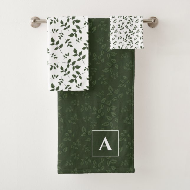 Green white pattern leaves monogram bath towel set (Insitu)