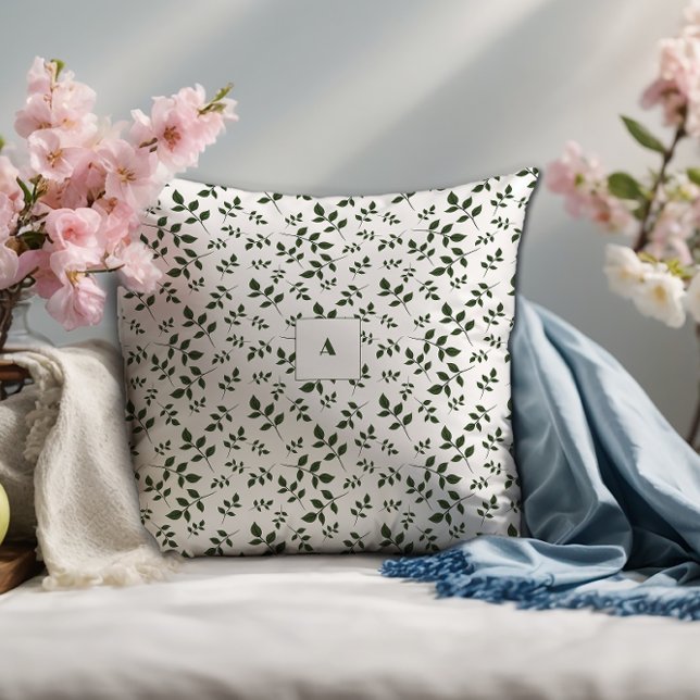 Green white pattern leaves monogram cushion (Creator Uploaded)