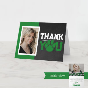 Green & White Paw Print Graduation 2 Photo Folding Thank You Card