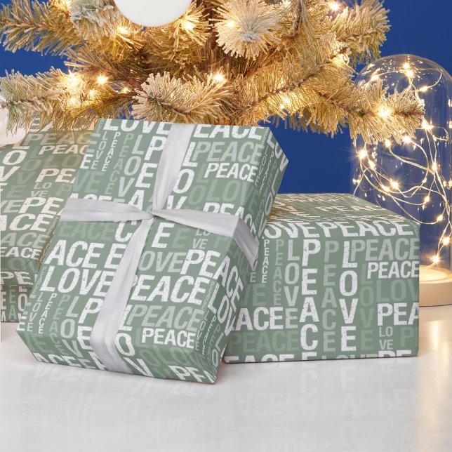 Green White Peace Love Christmas Wrapping Paper (Holidays)