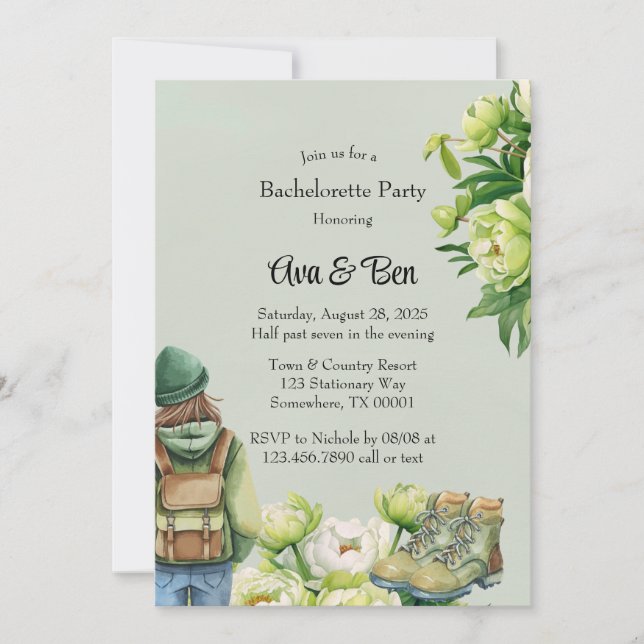 Green White Peony Elegant Bachelorette Party Invitation (Front)