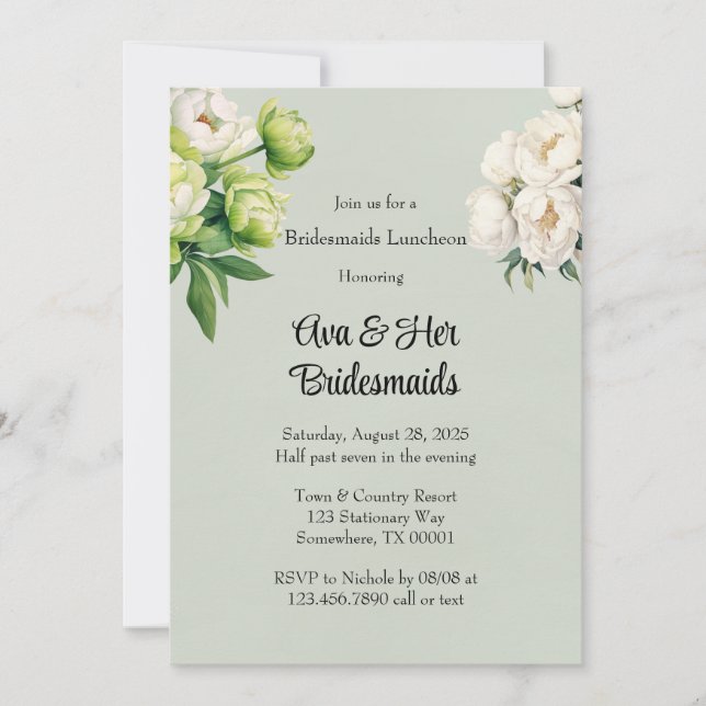 Green White Peony Elegant Bridesmaids Luncheon Invitation (Front)