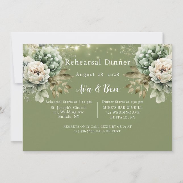 Green White Peony Light Add Photo Rehearsal Dinner Invitation (Front)
