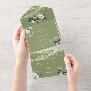 Green White Peony Lights Wedding All In One Invitation