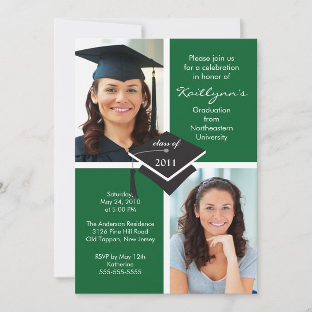 Green & White Photo Graduation Invitation (Front)