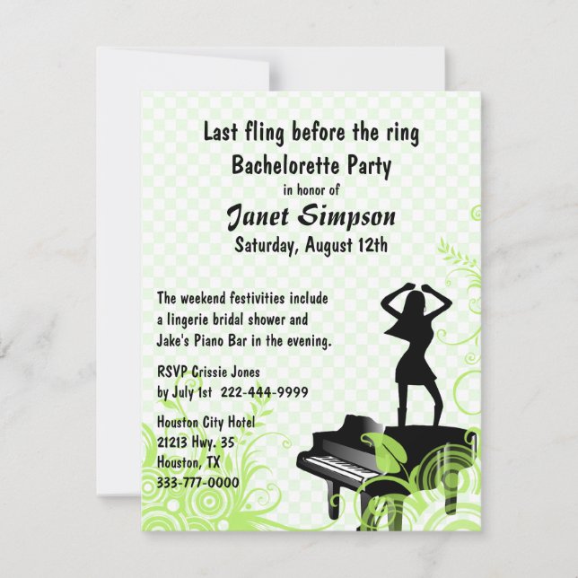 Green & White Piano Bar Bachelorette Party Invitation (Front)