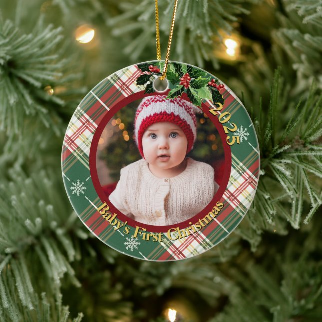 Green White Plaid | Baby's First Christmas Photo Ceramic Tree Decoration (Tree)
