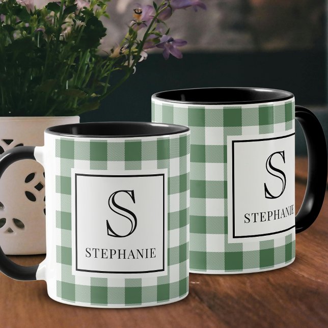 Green & White Plaid Black Typography Monogram Name Mug (Creator Uploaded)