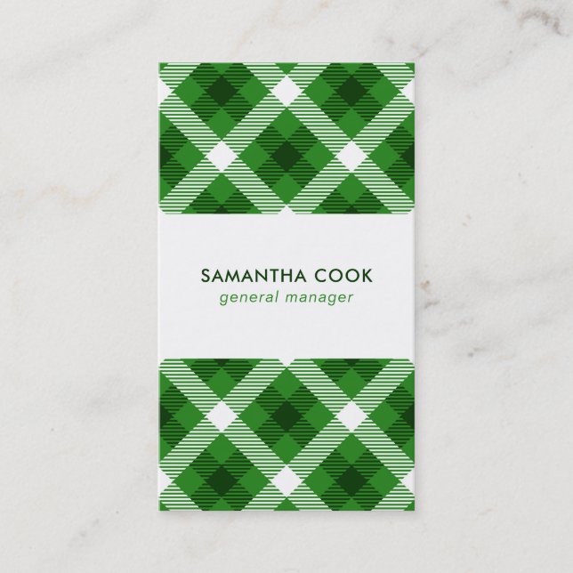 Green & White Plaid Pattern Business Card (Front)