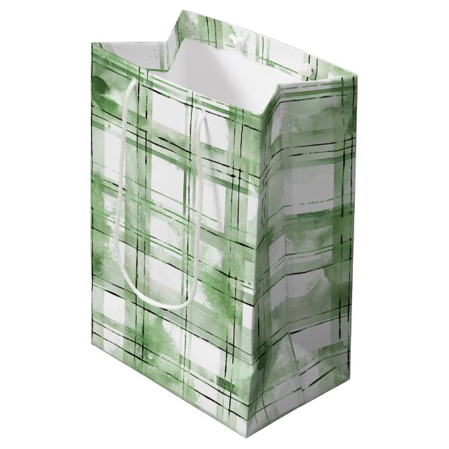 Green White Plaid Stripes Birthday Medium Gift Bag (Front Angled)