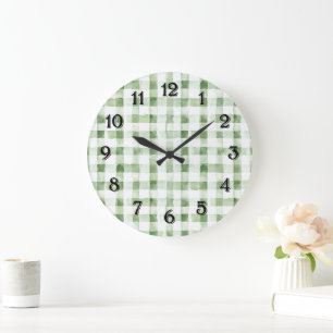 Green White Plaid Stripes   Large Clock