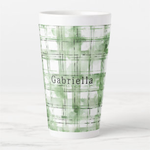Green White Plaid Stripes   Latte Mug