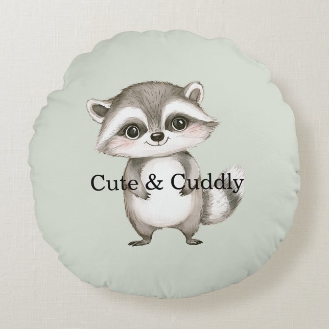 Green White Plaid Stripes Raccoon Round Cushion (Front)