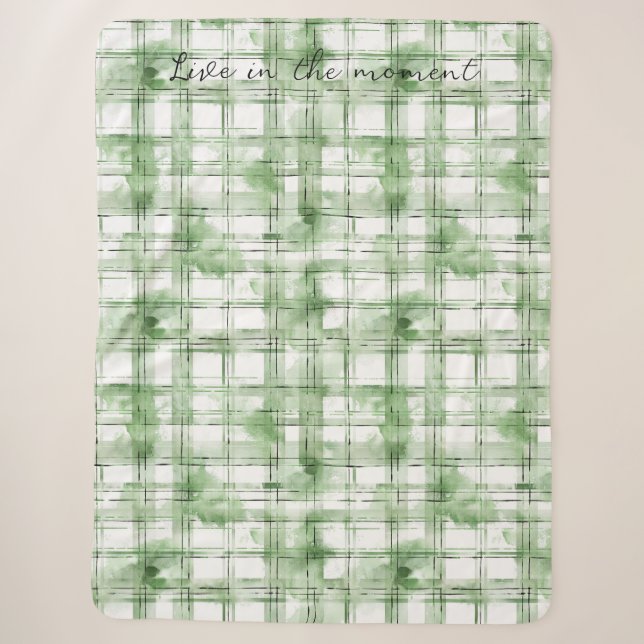 Green White Plaid Stripes Sherpa Blanket (Front)