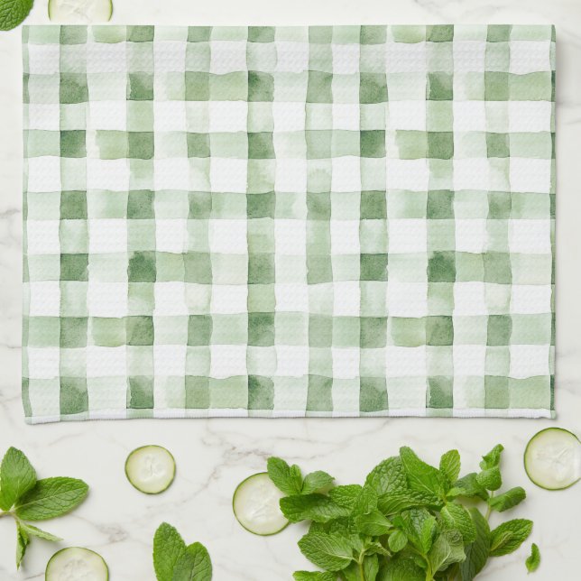 Green White Plaid Stripes   Tea Towel (Folded)