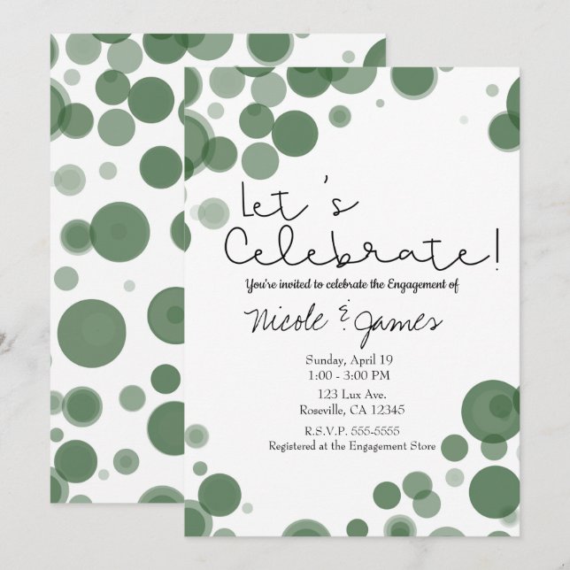 Green & White Polka Dot Bubbles Let's Celebrate Invitation (Front/Back)