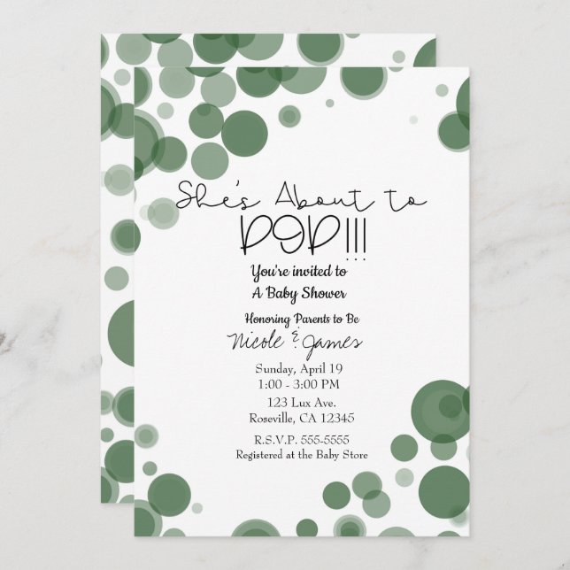 Green & White Polka Dot Bubbles She's About to POP Invitation (Front/Back)