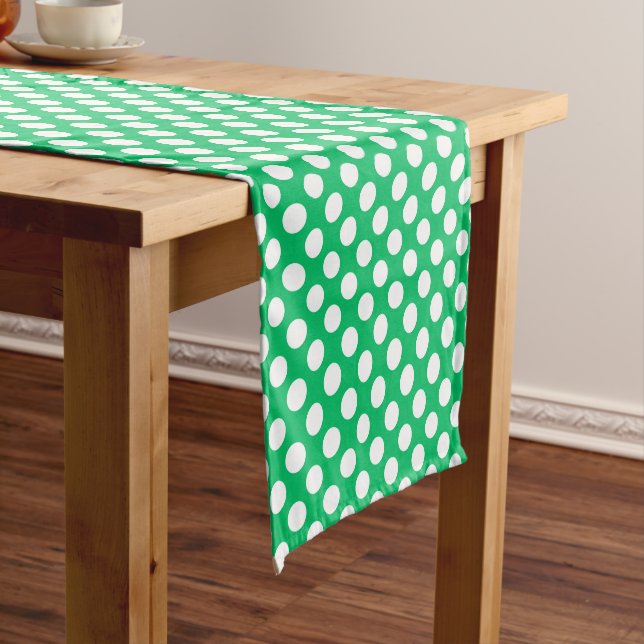 Green white polka dot pattern tiled short table runner (In Situ)