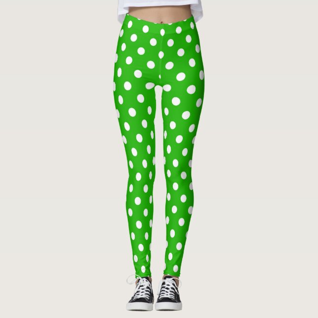 Green White Polka Dots Design Leggings (Front)