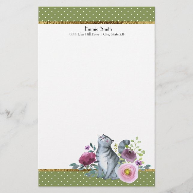Green White Polka Dots Gold Grey Cat Flowers Stationery (Front)
