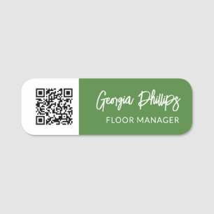 Green & White QR Code Brush Script Name Tag
