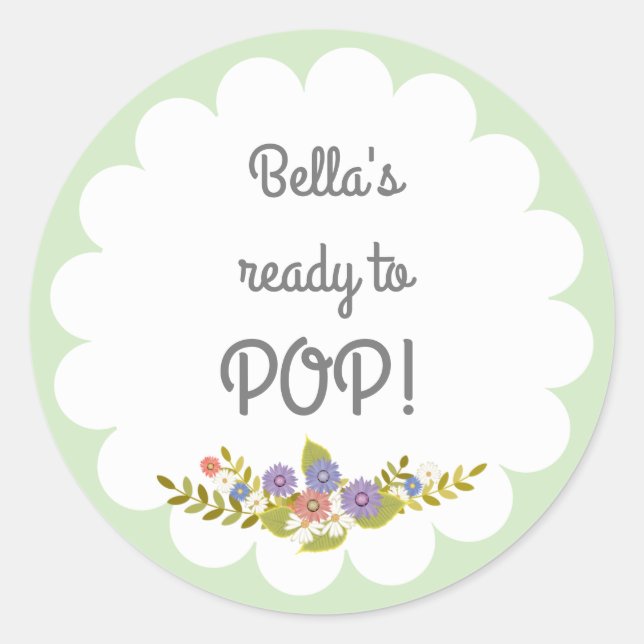 Green White Ready to POP Baby Shower Sticker (Front)