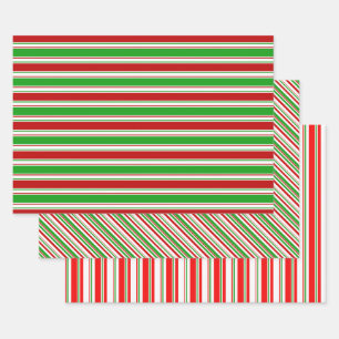 Green, White, Red Colored Christmas-Style Lines Wrapping Paper Sheet
